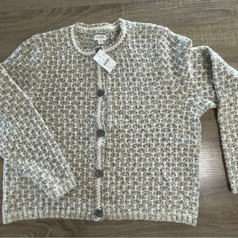 NWT J. Crew Tweed Cardigan Sweater Lady Jacket XL Beige/Black Tweed